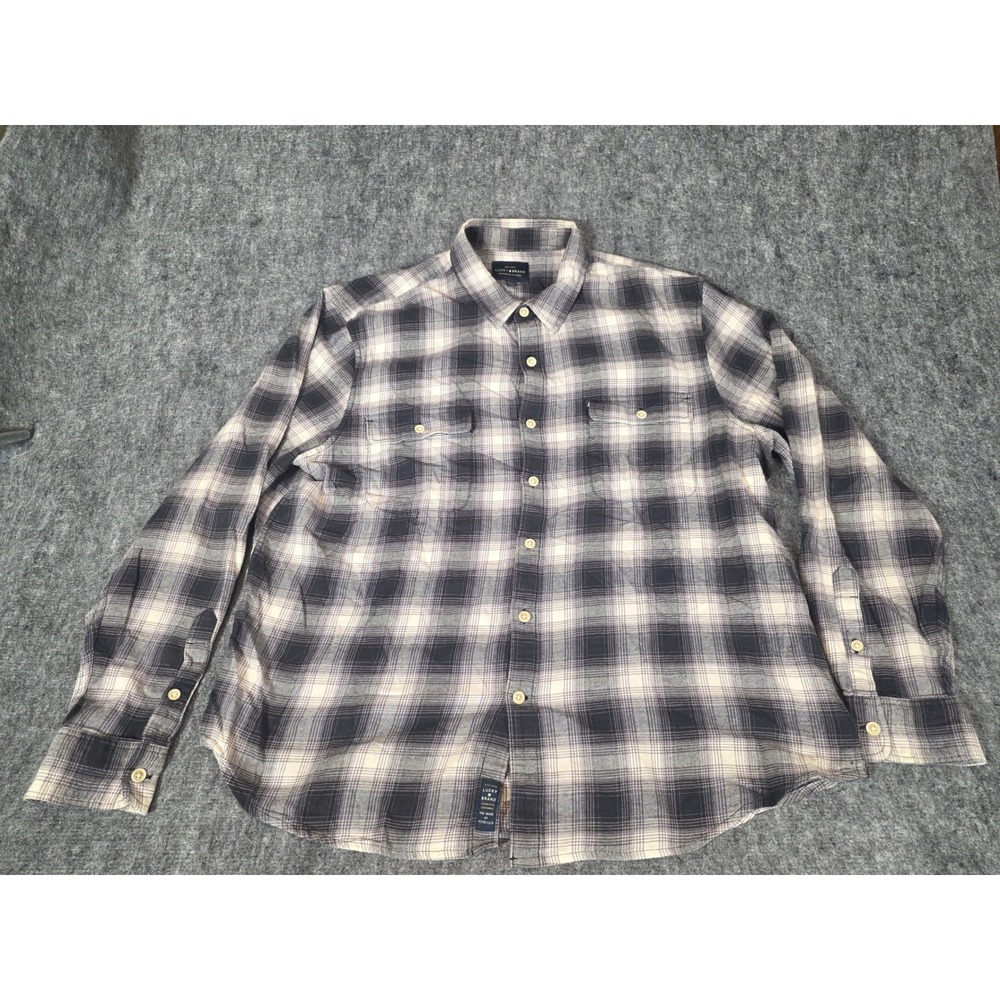 Lucky Brand Mens XXL Shirt Grey Plaid Flannel Long Sleeve Button Down Grunge